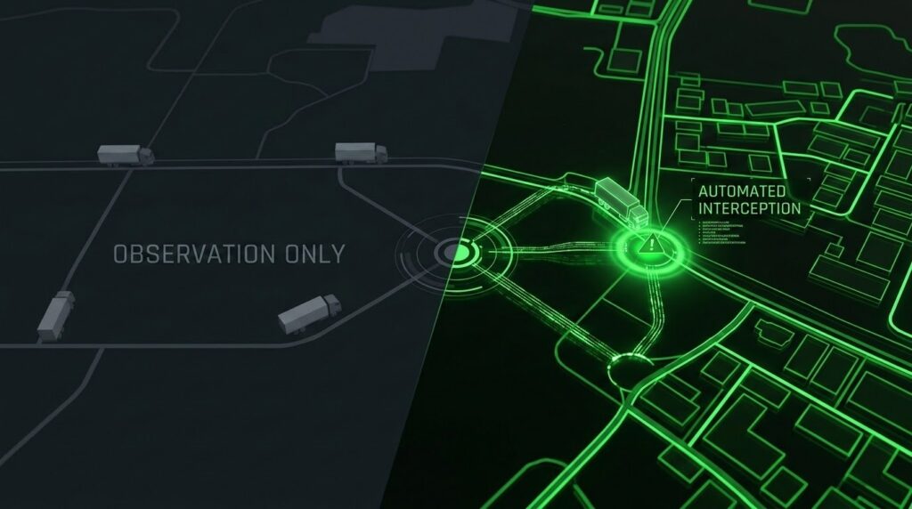 Split-screen visualization of supply chain visibility software showing shipment monitoring in observation-only mode on one side and automated route interception and intervention capabilities on the other, with connected truck movements displayed on a digital logistics network map.