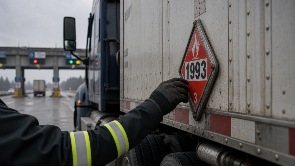 DOT inspector’s gloved hand checking a weathered Class 3 hazmat placard marked 1993 on the side of a commercial trailer at an overcast weigh station.