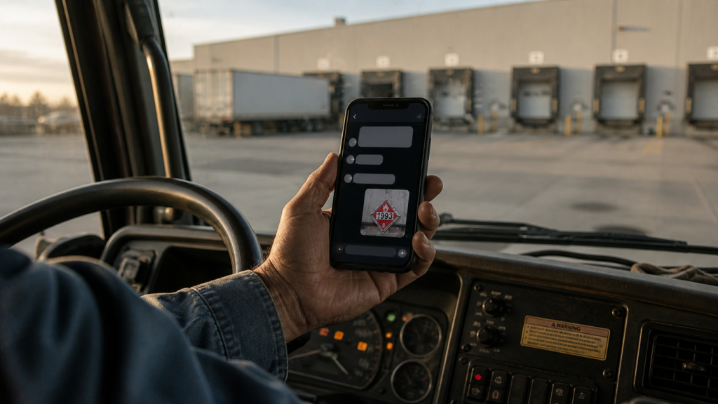 Over-the-shoulder view inside a truck cab of a driver holding a smartphone with an SMS conversation showing a hazmat placard photo thumbnail, with a loading dock visible through the windshield. Using Freight Broker Software.