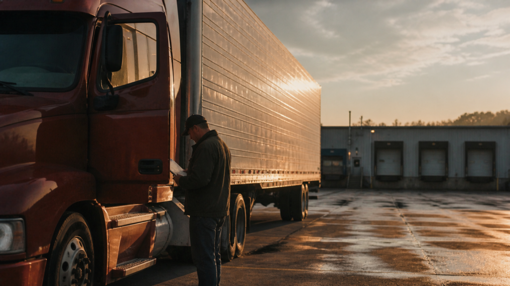Documentary-style photograph of a tractor-trailer parked at a rural distribution yard during golden hour while a driver reviews a clipboard beside the cab, with warehouse loading docks softly blurred in the background.