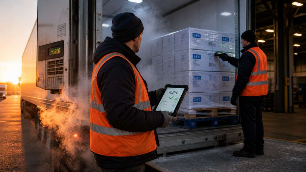Documentary-style refrigerated cross-dock scene at dawn with cold vapor escaping from an open reefer trailer as warehouse workers verify pharmaceutical pallet temperatures using a rugged tablet and barcode scanner.