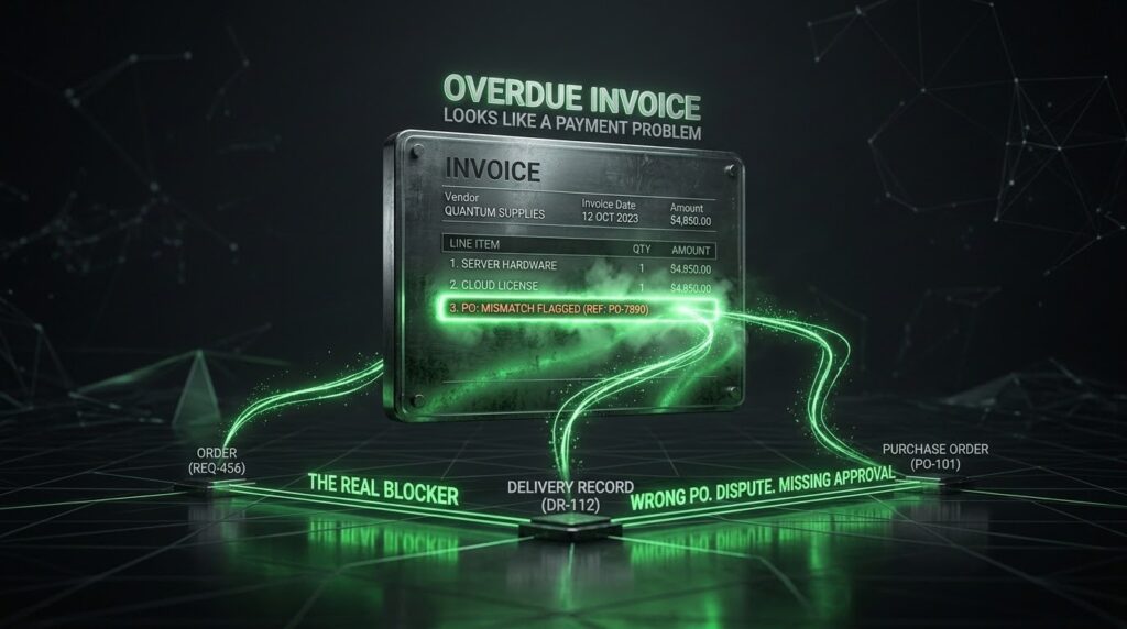 Accounts Receivable Management: The Operator's Guide for 2026 1 Accounts receivable management concept showing an overdue invoice traced to its real operational blocker, a wrong PO number