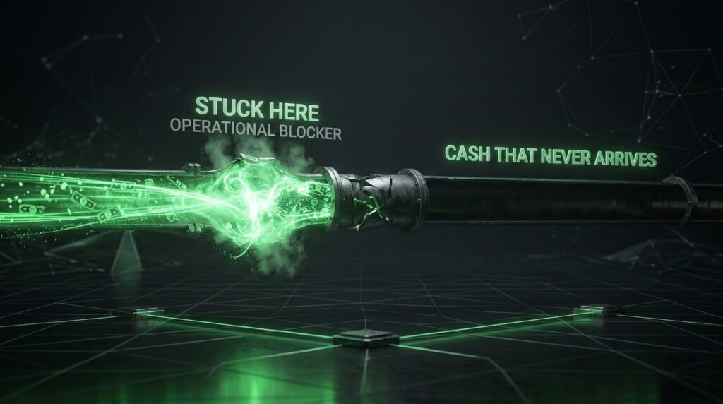 Accounts Receivable Management: The Operator's Guide for 2026 2 A cash-flow pipeline blocked mid-stream, showing where stalled invoices trap working capital in accounts receivable