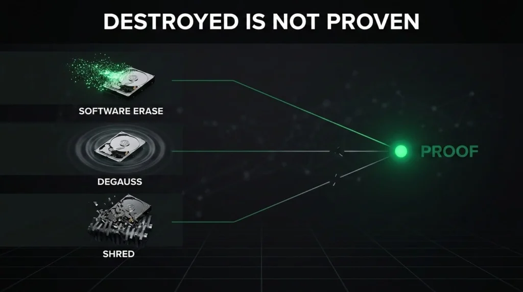 Cinematic 3D infographic of three data-destruction methods — software erase, degauss, and shred — flowing toward a single emerald-green proof node, where only one path stays connected and the others arrive broken, illustrating that destruction without serial-level proof is the gap Truzer closes. Data Destruction Software.