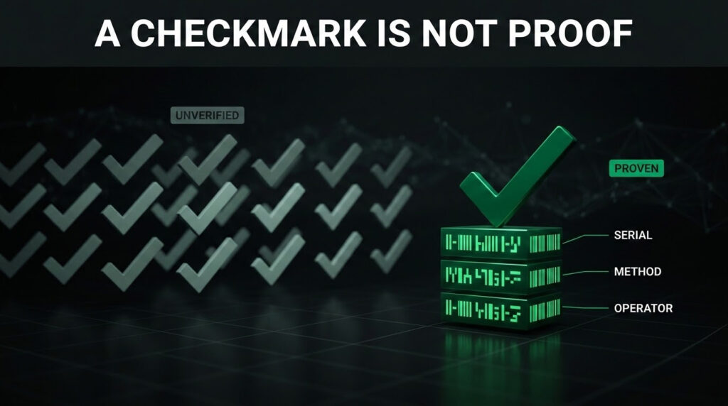 Best Data Sanitization Software in 2026 1 Cinematic 3D comparison infographic of a grid of identical green pass-checkmarks marked unverified, against one checkmark in sharp focus expanded into a proof-stack labeled serial, method, and operator, illustrating that a sanitization success checkmark proves a wipe ran but not which device or method until a proof layer binds it. Data Sanitization Software.