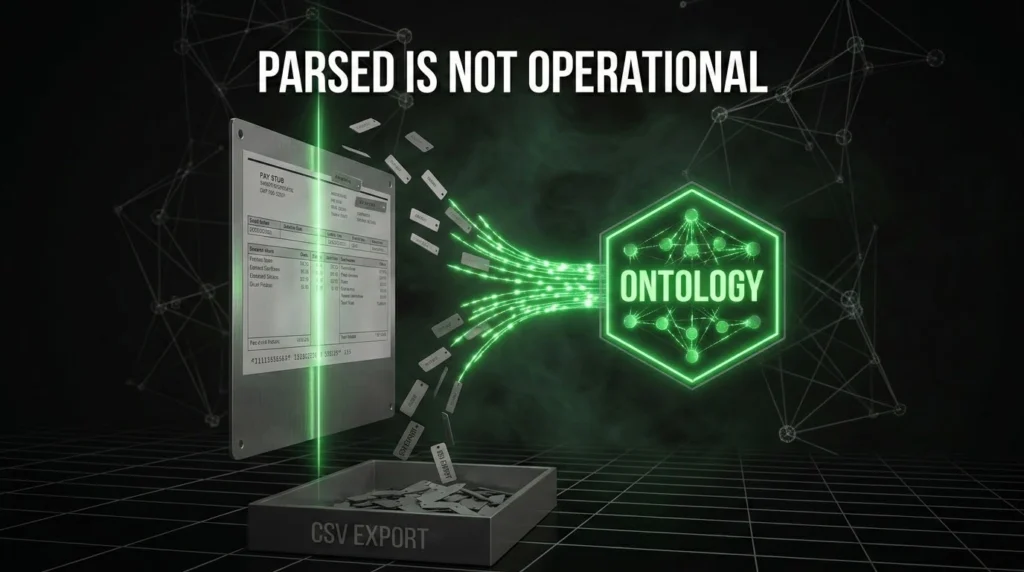 Best Intelligent Document Processing Software in 2026 1 Extracted document fields splitting two ways, some dying in a grey CSV tray and the rest streaming as green data into a live ontology core, showing the gap between a parse and operational truth. Intelligent Document Processing Software.