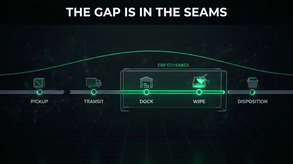Cinematic 3D timeline infographic of a custody chain — pickup, transit, dock, wipe, disposition — bright and continuous inside a wireframe ERP-coverage zone but broken and grey at the seams outside it, with one unbroken green thread arcing over the whole chain to show the proof layer that closes the gaps an ITAD ERP does not own. ITAD software.