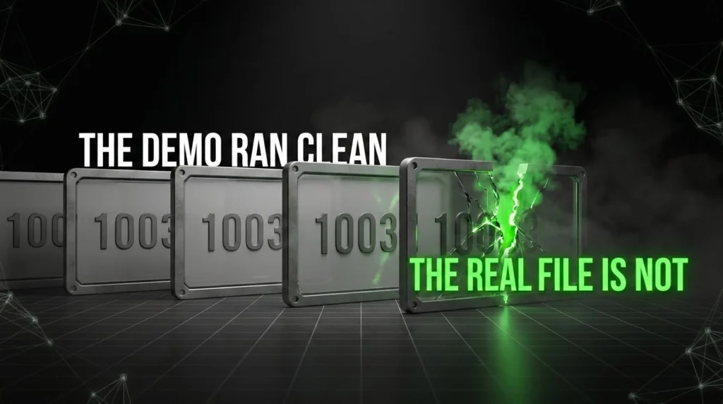 Pristine demo loan files beside a cracked real file leaking green light, showing the gap between the AI demo and the production floor.  Mortgage AI.