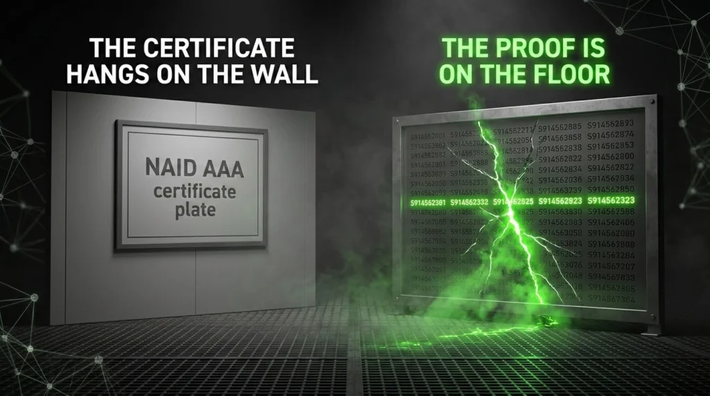 A clean NAID AAA certificate on the wall beside a cracked serial manifest leaking green light, showing the gap between holding the certification and proving it. 